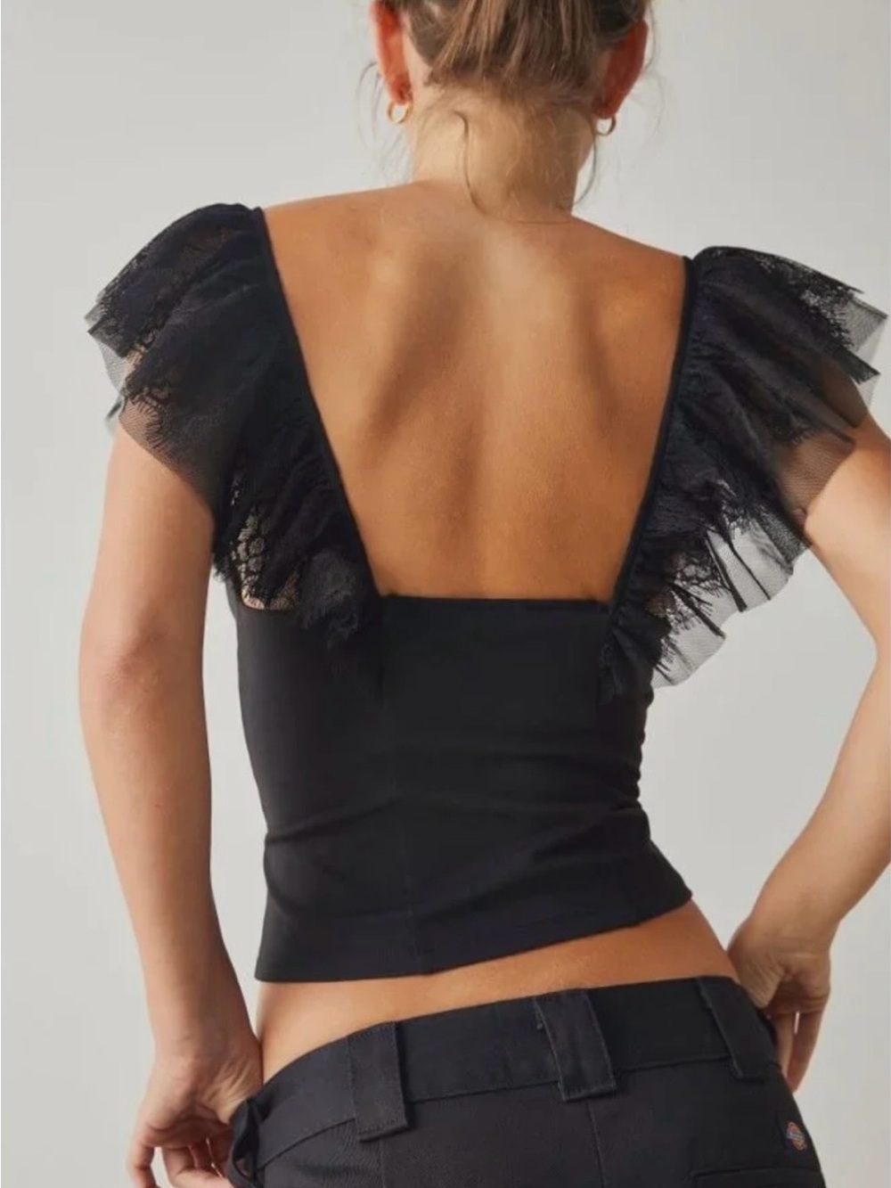 Black Lace Flutter Sleeve Square Back Top